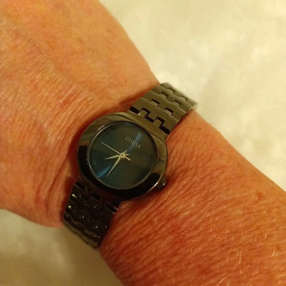 Guess blue face pewter tone women's watch